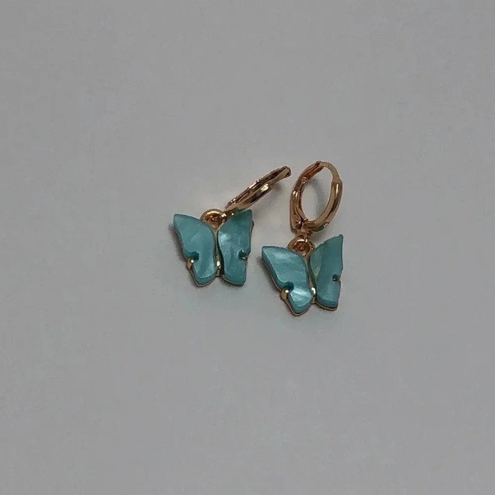 Turquoise Blue‎ Butterfly Huggie Hoop Earrings Gold Tone Latch Back Y2K Style